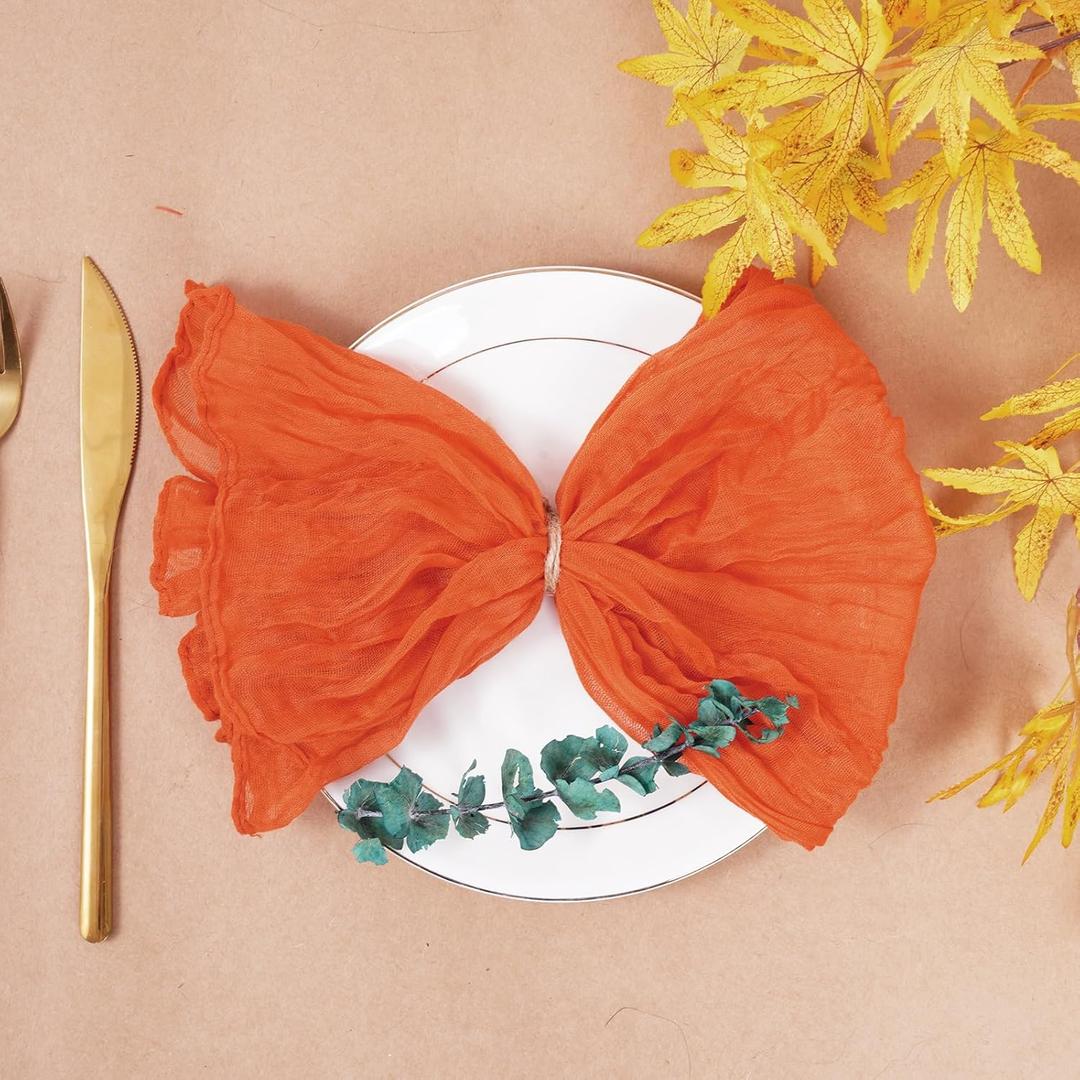 Nydotd 6pcs Fall Cheesecloth Napkins Thanksgiving Boho Dinner Napkins Wrinkled Rustic Linen Table Decorative Cloth Napkins for Wedding Party Baby Shower Family 20 x 20 Inch (Orange)