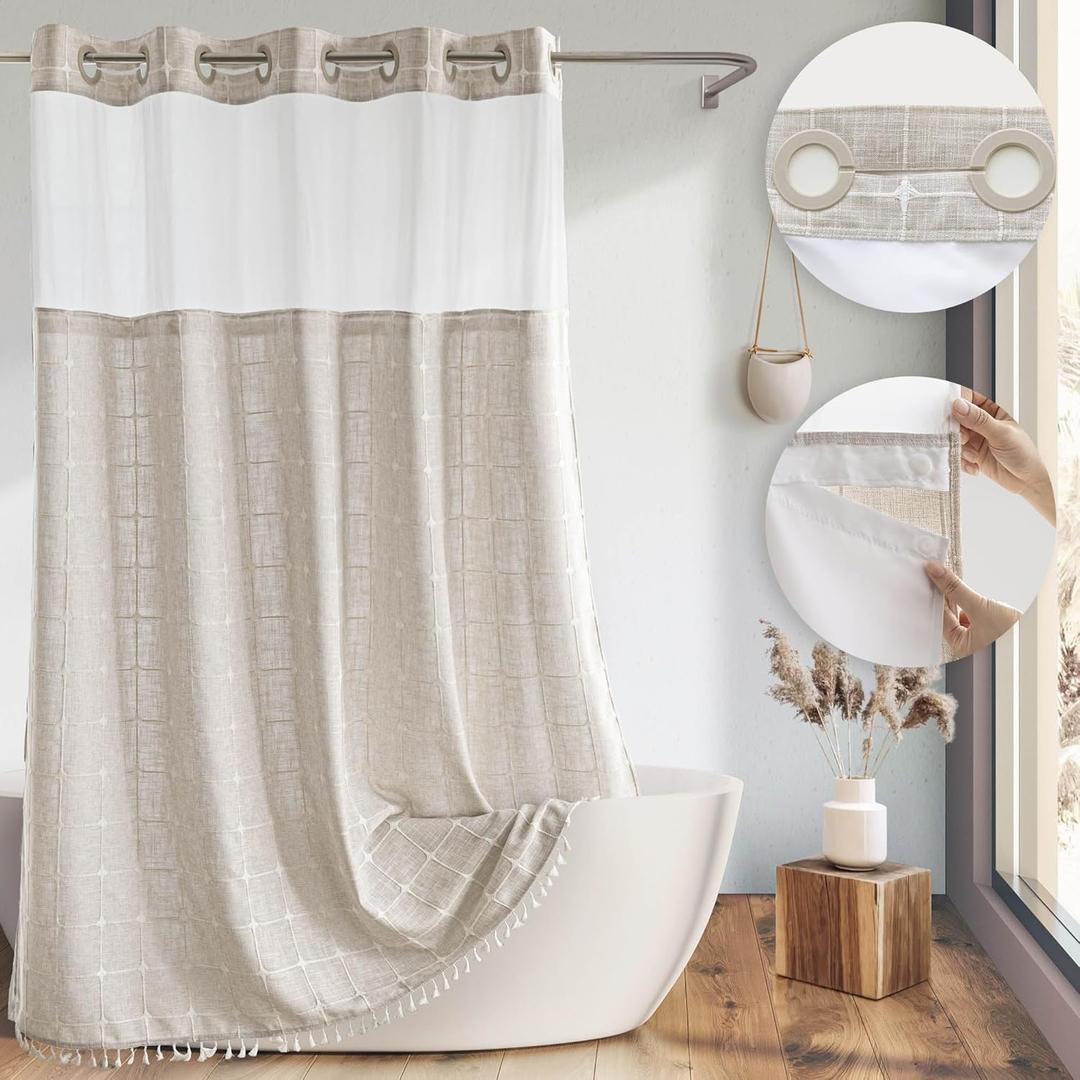 River Dream Extra Long Shower Curtains with Snap-in Liner, No Hooks Needed,with Magnets,with Tassels,Water Repellent&Machine Washable,71x86Inch (Linen-window)