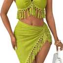SHENHE Women's Fringe 2 Piece Vacation Outfits Halter Crop Top and Twisted Slit Skirt Set (X-Large, Green)
