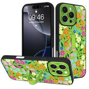 Fsoole for iPhone 16 Pro Max Case with Finger Strap Holder, Cute Colorful Floral Flower Print Pattern Design for Women Girls, Shockproof Anti Scratch Hand Kickstand Protective Cover, Green