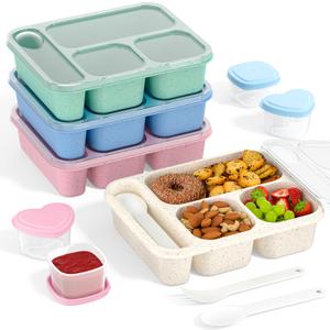 4 Pack Bento Box for Kids, 4-Compartment 34oz Wheat Straw Snack Box Containers for Adults, Reusable Lunch Meal Prep Containers, Stackable for Picnic, School, and Work