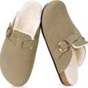 Mens Womens Fur Lined Clogs Suede Slip on Mules Warm Plush Fleece Lining Winter House Slippers Comfort Footbed with Arch Support and Adjustable Buckle, Beige 12 Women/11 Men