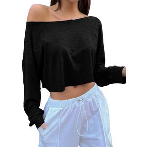 Avanova Women Off The Shoulder Crop Tops Long Sleeve T Shirts Oversized Loose Tee (Small, Black)