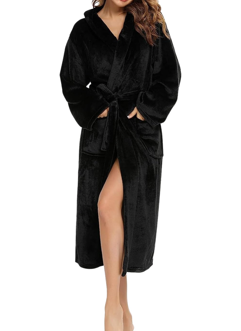 Plush Robe - Luxury Coral Fleece Bathrobe with Pockets - Women's Adult Size XL - Black