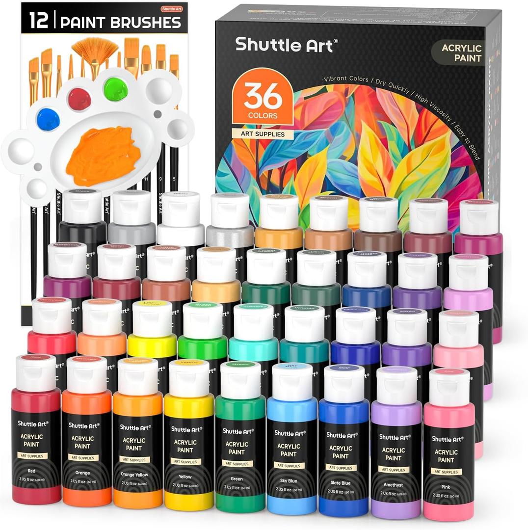 Shuttle Art Acrylic Paint, 36 Colors Acrylic Paint Set with Brushes & Palette, 2oz/60ml Bottles, Rich Pigments Non-toxic for Artists Kids & Adults, Painting on Canvas Rocks Ceramic Wood (Regular)