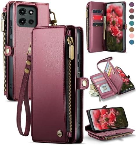 Defencase Compatible with Moto G - 2025 Case, RFID Blocking Wallet Case for Motorola Moto G 5G 2025 PU Leather Magnetic Flip Wrist Strap Zipper Card Holder Phone Cases for Women and Men, Wine Red