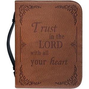 Brown Bible Cover Case for Women Men Classic Bible Carrying Bag with Zipper Church Large Book Bible Protector Trust in The Lord with All Your Heart Bible Cover (Medium)