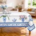 Blue Vase Floral Rectangle Tablecloth, Machine Washable Chinoiserie Bird Tablecloth, 70 * 55 inch, Polyester Rustic Decorative Table Cover for Dinner Kitchen Party Outdoor