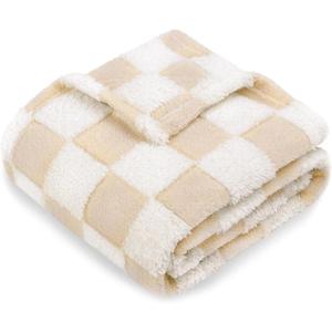 HOMRITAR Baby Blanket for Unisex Soft Cozy Reversible Checkerboard Toddler Blankets, Fluffy Fuzzy Plush Lightweight Bed Blanket with Chessboard Grid Design 350GSM Khaki 30 x 40 Inch (Beige)