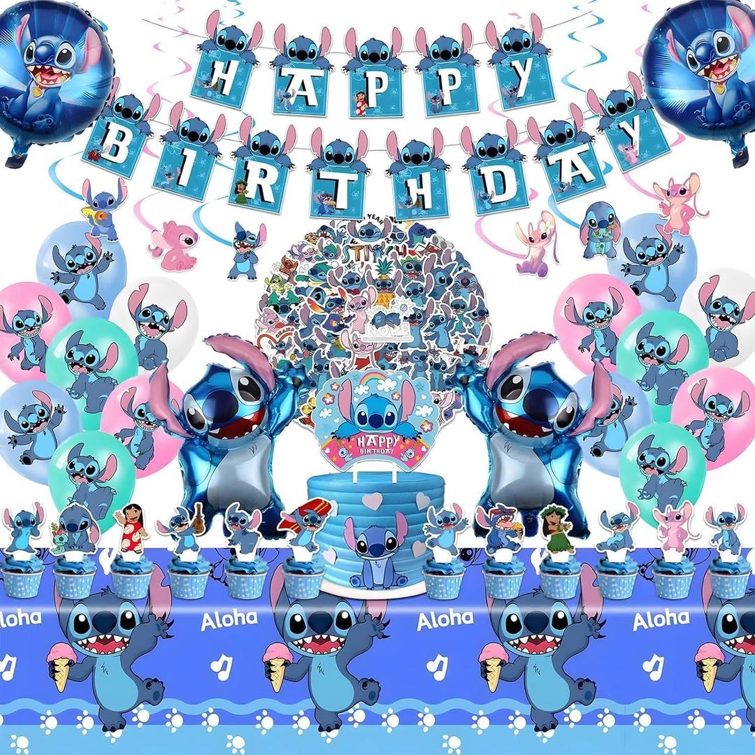 Stitch Party Supplies, 103PCS Birthday Decorations Set Include Banner, Balloons, Stickers, Hanging Swirls, Cake Cupcake Toppers, Tablecloth for Boys Girls Stitch Theme Party