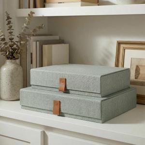 ZICOTO Decorative Photo Storage Boxes with Lids - Set of 2 Beautiful Linen Organizers Are Perfect to Safely Store Your Pictures, Documents, Scrapbooking Supplies, Keepsakes and Other Memories in Style (Sage)