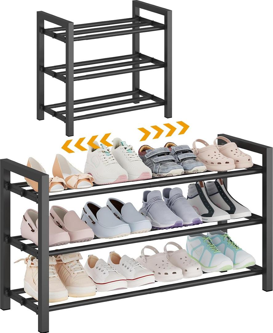 Detsuk 3-Tier Expandable Shoe Rack Adjustable Heavy-Duty Metal Shoe Organizer Shelf for Closet, Entryway, Mudroom & Garage Durable Freestanding Storage, Black