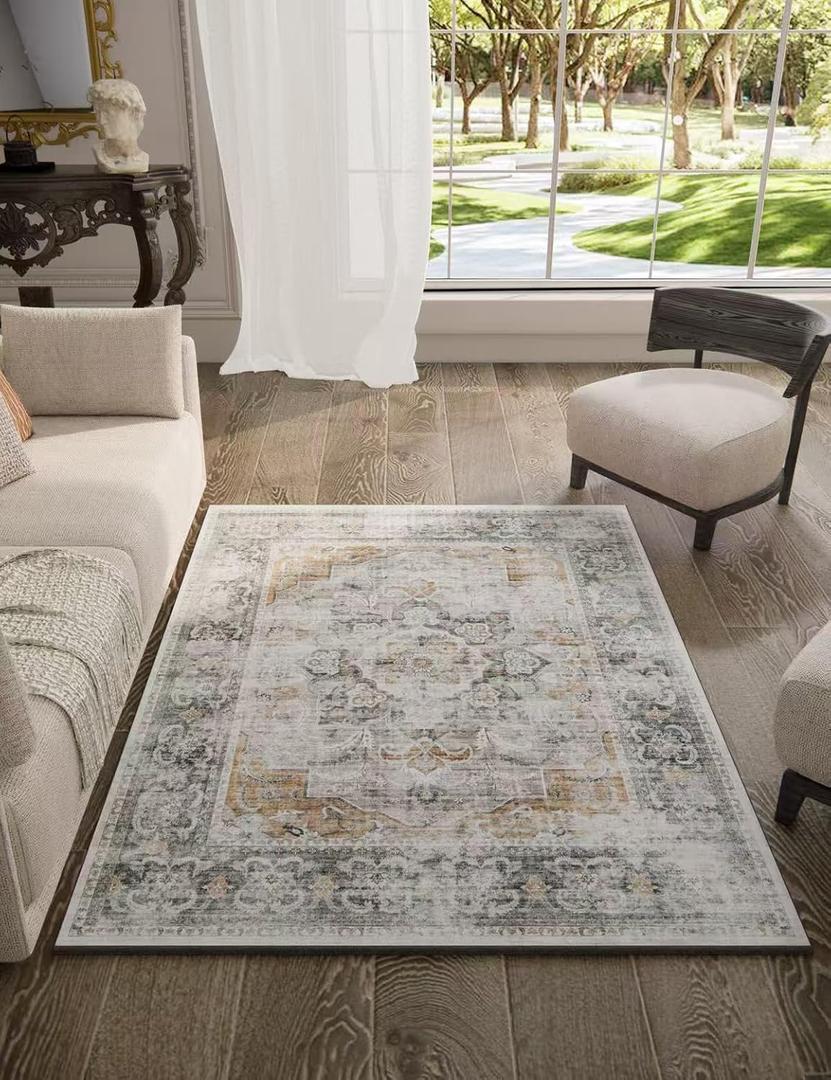 3x5 Washable Area Rug for Bedroom: Boho Entryway Rug with Non Slip Backing Low Pile Faux Wool Soft Small Throw Rugs for Living Room Kitchen Bedside Office Dorm Foyer Nursery Entrance Enytry Indoor (Grey and Orange)