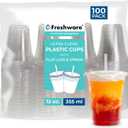 Freshware 12 oz Clear Disposable Plastic Cups with Flat Lids and Straws, 100 Pack Clear Plastic Cups Tumblers, Heavy-duty Party Glasses, Disposable Cups for Thanksgiving, Halloween, Christmas Party