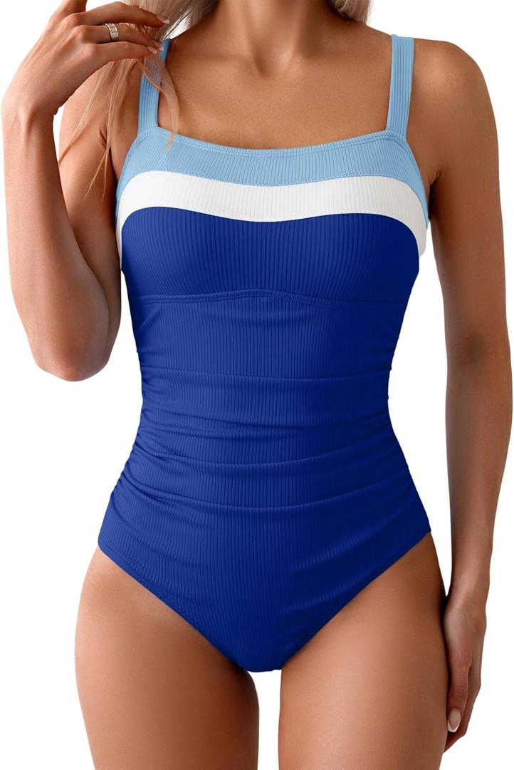 Women's Ribbed One Piece Swimsuits Color Block Tummy Control Bathing Suit Slimming 1 Piece Swimwear (Medium, Blue-white-royal Blue)
