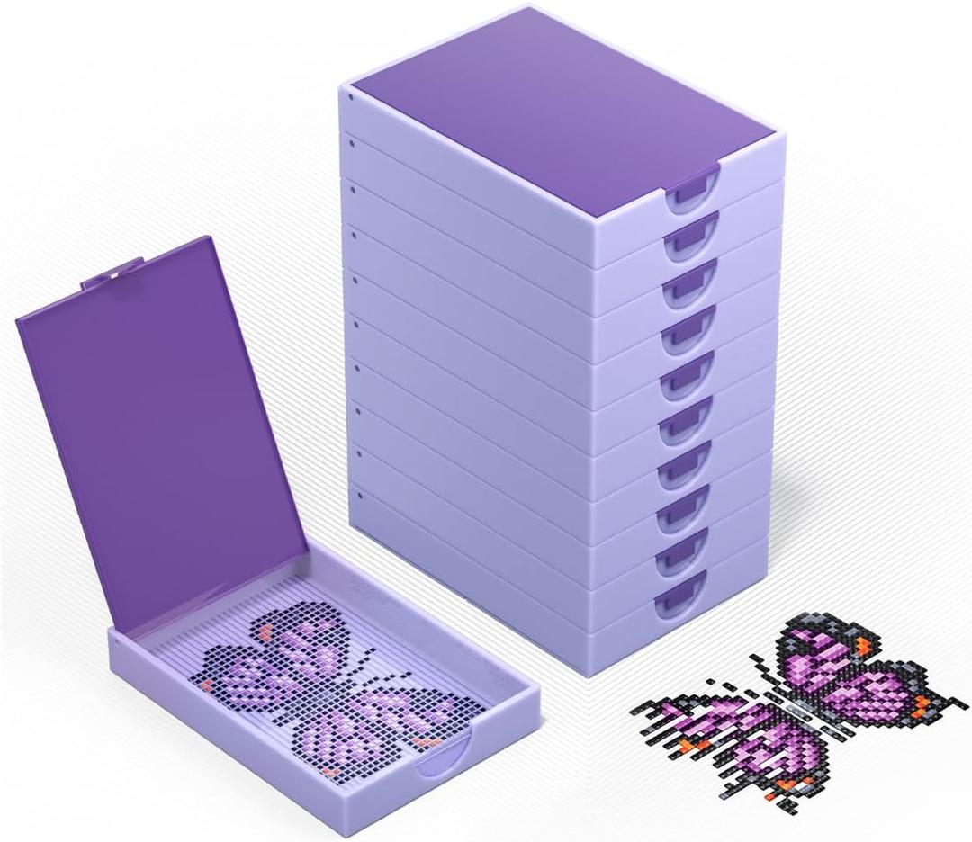 CATEARED 2-in-1 Diamond Art Trays With Lids,Anti-static Diamond Art Storage, Diamond Art Accessories Diamond Painting Trays with Lids & Line-Up, Box Package (Light Violet, 10 piece Tray Kit)