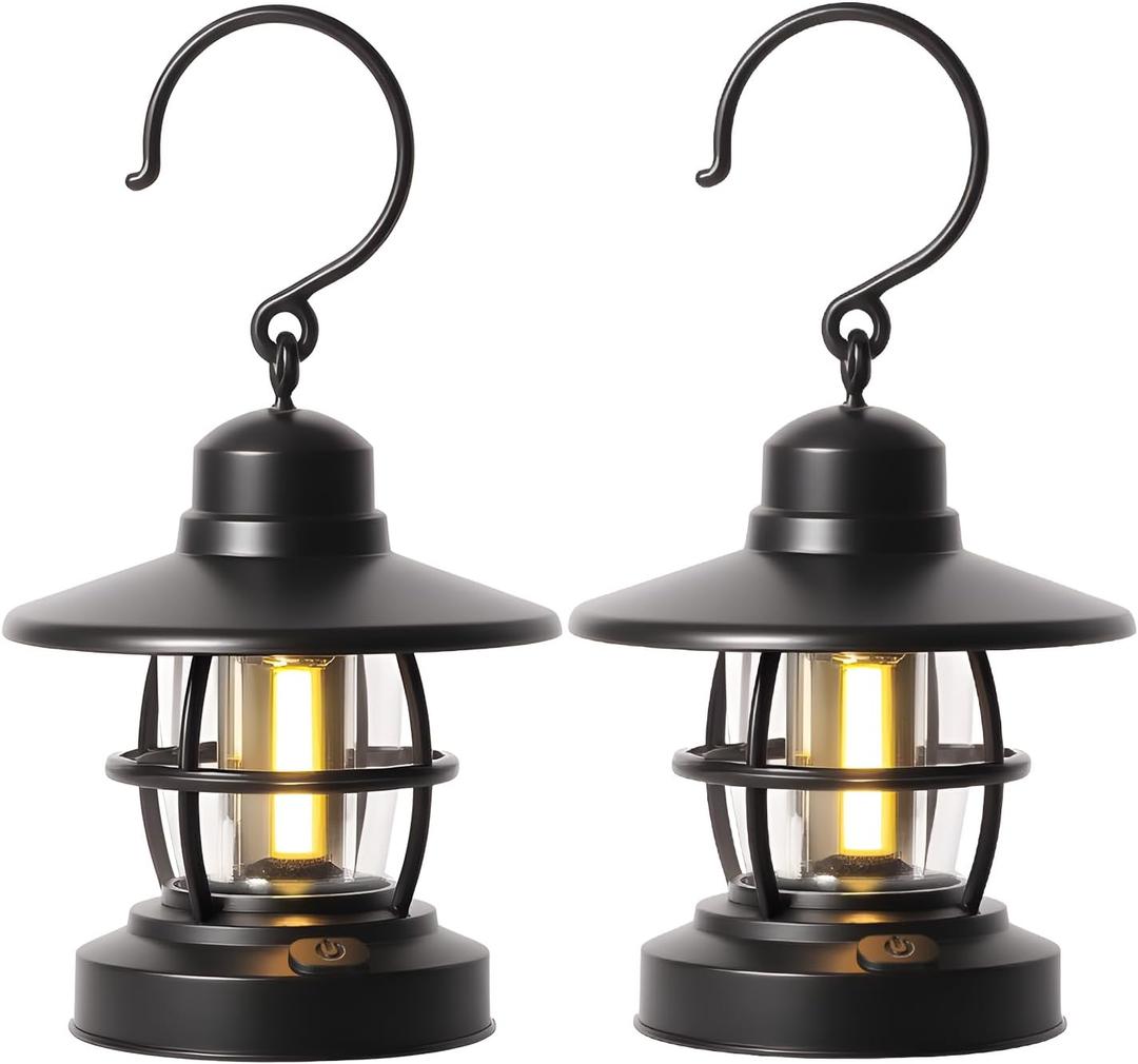 Black 2-Pack Vintage Portable Battery-Powered Camping Lantern for Outages, Emergencies, Indoor and Outdoor Activities