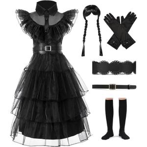 Girls Black Princess Costume Dress Up Costume Halloween Cosplay Party Outfit for Girls with Wig Belts Socks Golves Size 13-14 (Classic Black Material)