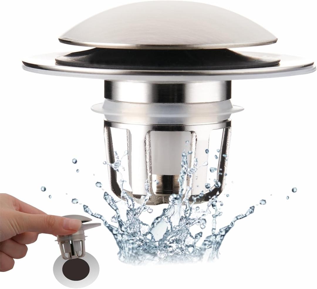 Brushed Nickel Bathroom Sink Stopper Replacement, Wellup Universal 2-in-1 Bathroom Sink Drain Stopper for 1.1~1.5 Inch Sink Drain Hole, Pop Up Sink Stopper Strainer with Hair Catcher