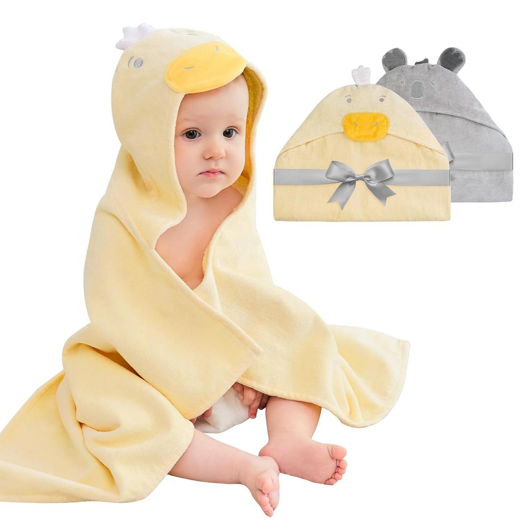 Softan 2 Pack Baby Hooded Towels, Premium Soft Cotton Baby Bath Towels with Hood, Extra Thick and Super Absorbent, Essential for Newborns, Infants and Toddlers (Yellow Duck & Grey Koala)