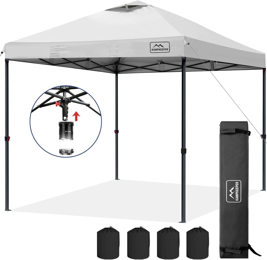 KAMPKEEPER One Person Setup 10x10 Pop up Canopy Tent, Instant Portable Canopy, One Push Outdoor Canopy with 3 Adjustable Heights, Wheeled Carry Bag, Bonus 8 Stakes and 4 Ropes(White)