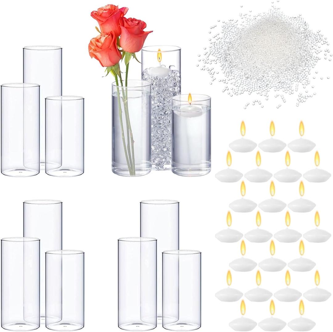 Sawysine 12 Pcs 2.5'' in Diameter Glass Cylinder Vase Centerpieces Glass Candle Holder Vase with 24 Pcs Floating Candles and 40000 Water Gel Beads for Wedding Home Decor, 2.5'' x 5'', 6'', 8''