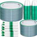 I00000 350 Pcs Green Plastic Plates-Clear Dinnerware Set for St. Patrick's Day Spring Decor,Include 100 Dinner and Dessert Plates,50 Plastic Cups 9 OZ,50 Per Rolled Napkins with Cutlery