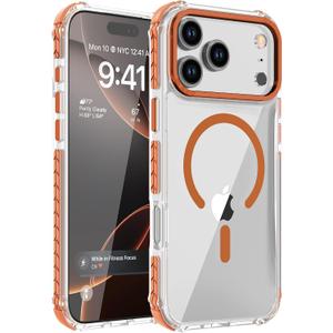 DEERLAMN Strong Magnetic Case for iPhone 17 Pro Max 6.9-Inch,[Compatible with Magsafe][Military Grade Drop Protection] Clear Slim Shockproof Protective Phone Cover-Transparent+Orange