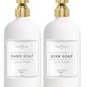 Vine Creations White Glass Soap Dispenser, 2 Pack Kitchen Soap Dispenser Set with Stainless Steel Pump, 16 oz Dish Soap and Hand Soap Dispensers for Bathroom with Waterproof Labels (Matte White Bottle / Brushed Gold Pump)