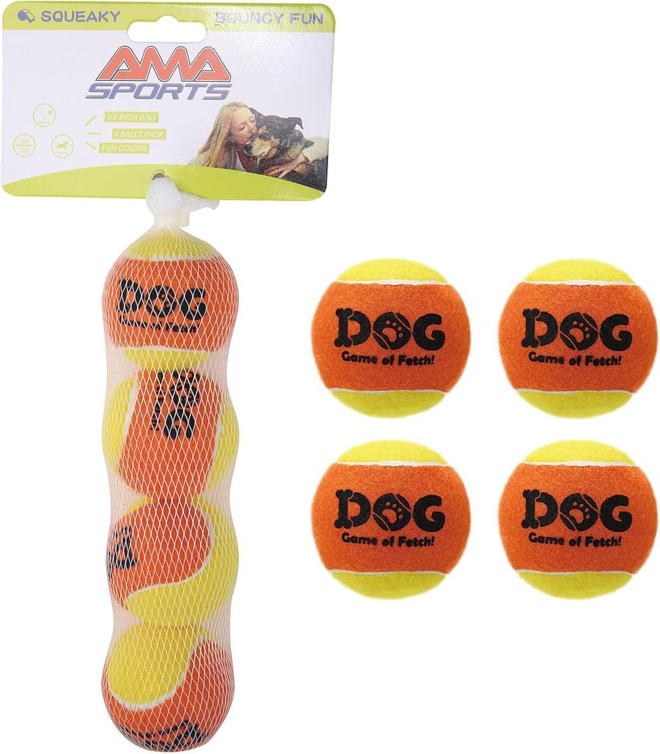 2 x AMA SPORT Squeaky Tennis Balls for Dogs 2.0" Small Dog Tennis Balls for Throwing and Fetching Dog Toys for Training, Exercise, High Bouncing 4 Pack (Orange Yellow)