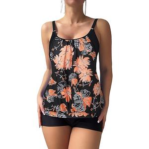 ZAFUL Womens Tankini Set Two Piece Bathing Suit Swim Tank Top with High Waist Boyshorts Modest Tummy Control Swimwear, Extra Large, Pink Flower