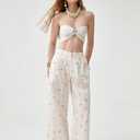 Women's Beige Floral Wide-Leg Pants - High-Waisted Pleated Summer Trousers, M