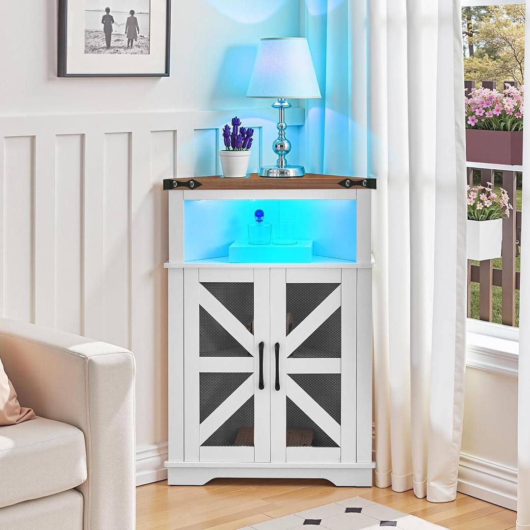 HOOBRO Corner Storage Cabinet, Small Corner Cabinet with Doors and Adjustable Shelves, Farmhouse Storage Cabient with LED Lights for Bathroom, Living Room, Kitchen, White and Walnut WH99DCJ01