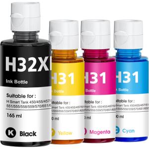 31 32XL Ink Bottle Set High Yield Ink Refills Compatible for HP Smart Tank 5101 7301 7602 7001 6001 Plus 551 651 455 457 450 All-in-One Printers, 4-Pack (165ML 32XL Black Ink, 100ML 31 Color Ink)