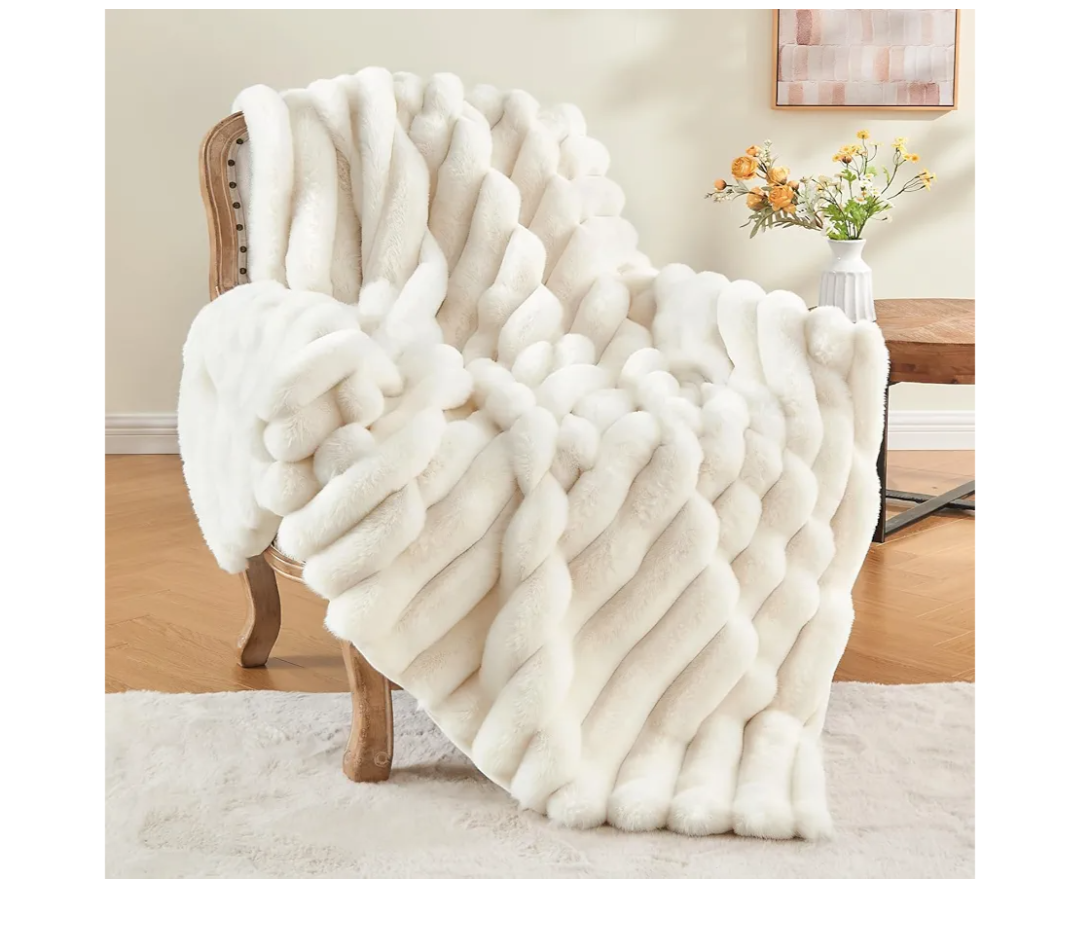 BEDELITE Faux Fur Throw Blanket for Couch, Soft and Cozy Luxurious 3D Striped Fluffy Blanket, 770GSM Thick Warm Plush Fuzzy Faux Rabbit Fur Blanket for Women Gift (Cream, 50"x 60")