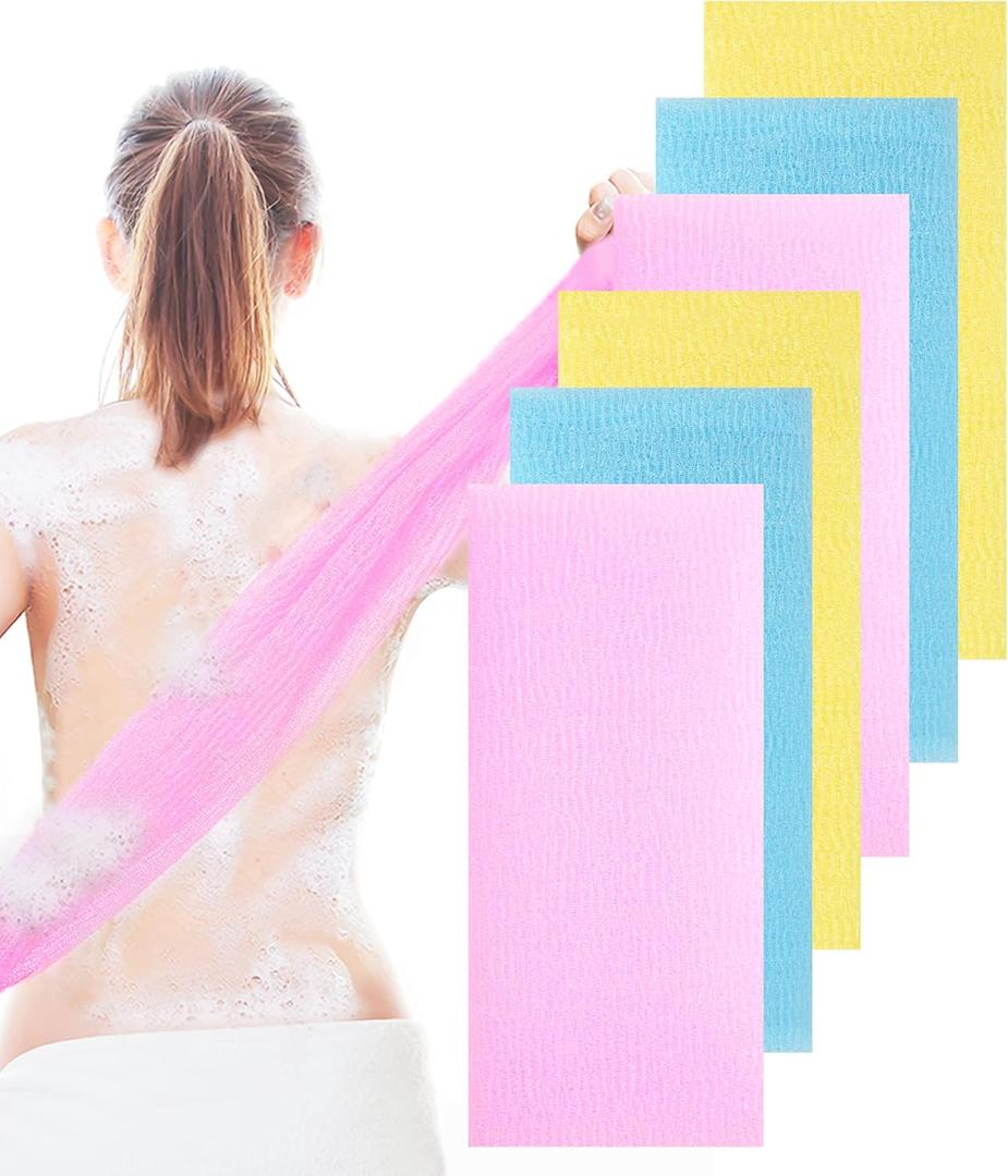 6 PCS Exfoliating Washcloth, 35 Inch 3 Colors Nylon Bath Exfoliating Towel for Shower, Colorful Japanese Washcloth, Exfoliating Body Scrubber (Blue, Yellow, Pink)