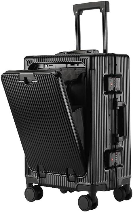 Lightweight Cabin Suitcase 4 Wheels, Hard Shell Suitcase with TSA Approved Luggage Lock, Carry on Luggage with Cup Holder and USB Charging Port, Front Open Luggage (Black, 20in)