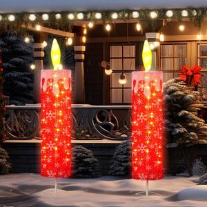 2pcs 5.2 ft Christmas LED Candle Decoration with Flickering Flame, Red Glitter 3D Design, Prelit Outdoor Decor for Yard, Porch, Holiday Party