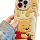 Compatible for iPhone 15 Pro Max Cartoon Case, Kawaii Cute Bear Case Silicone 3D Cover Strap Soft TPU Shockproof Protective for Kids Girls and Womens (Honey Bear)