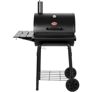 Char-Griller Wrangler Charcoal Grill in Black with Metal Shelves, EasyDump Ash Pan, Premium Wood Front and Side Shelves with Utensil Hooks, 640 Cooking Square Inches in Black, Model 2823