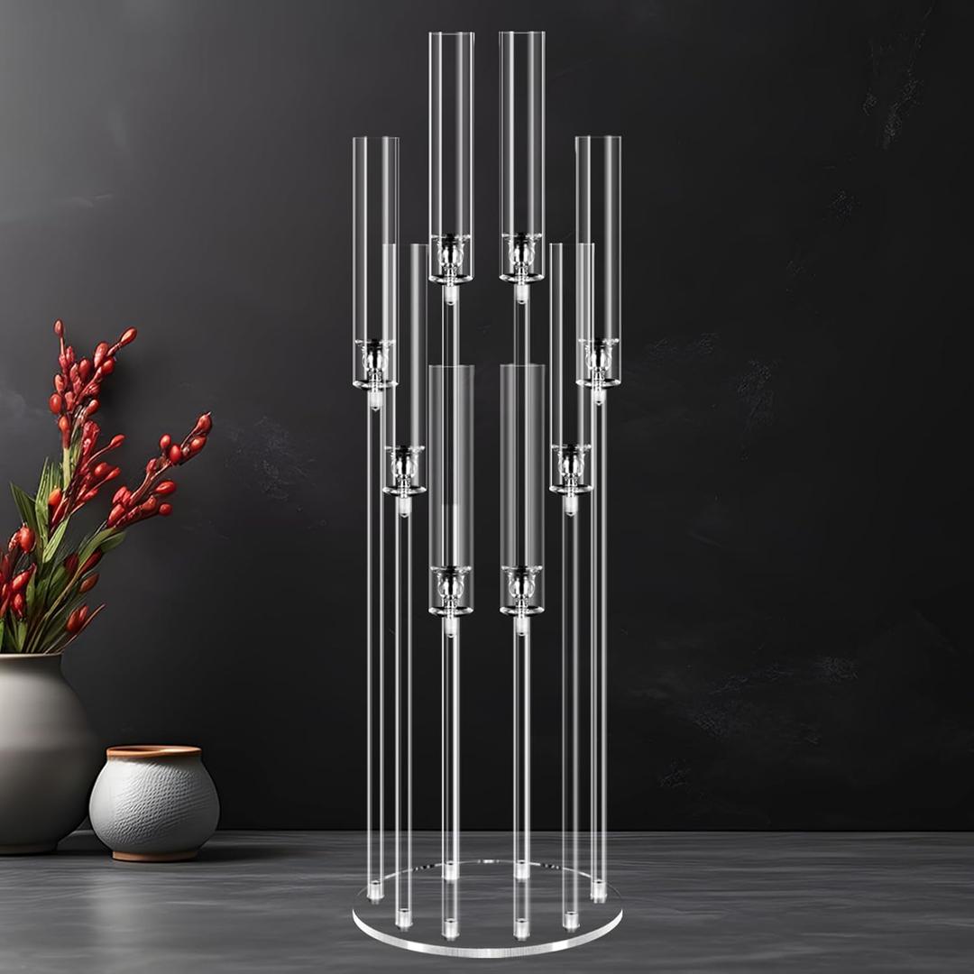 8 Arms Acrylic Candelabra Centerpieces for Tables Decortion,Clear Candle Holder for Wedding Dinner Fireplace Decoration and Home Decor,Candlesticks Holder with Lampshade Fits LED Candle