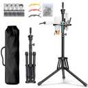 Wig Head Stand Adjustable Height - Upgrade Wig Tripod Stand with Reinforced Tool Tray , Foldable Mannequin Head Stand for Beauty and Hairdressing Styling Training (Additional 1 Free Accessory) (Black)