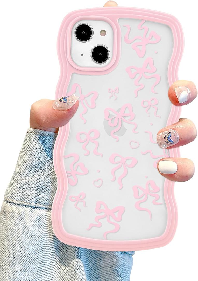 Aitipy for iPhone 14 Plus/15 Plus Case, Wavy Frame Cute Ribbon Bowknot Pattern Aesthetic Transparent Back Soft TPU Shockproof Phone Case for Women Girls, Pink