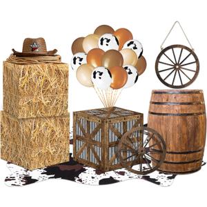 Western Cowboy Party Decor Hay Bales Boxes Cowhide Rug Wine Barrel Wooden Wagon Wheel Cowboy Balloons for Birthday Wild West Party Supplies Farm Decoration