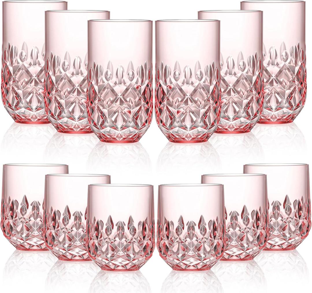 Acrylic Drinking Glasses Set of 12 Pink Mixed Drinks Glassware Unbreakable Palstic Tumbler and Rocks Glass Set 6pcs 18oz Highball and 6pcs 12 oz Cocktail Glasses for Cocktail Iced Coffee Beer Whiske