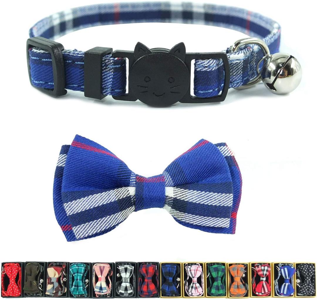 Cat Collar Breakaway with Bell and Bow Tie, Plaid Design Adjustable Safety Kitty Kitten Collars(6.8-10.8in) (Blue Plaid 1)