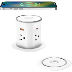 Jgstkcity Pop Up Outlet for Countertop 3.15-inch Desk Wire Hole Insert,9-in-1 Power Strip with 15W Wireless Charger,4 Outlets 4 USB Ports,15Amp Tamper Resistant Receptacle, ETL Listed (White)