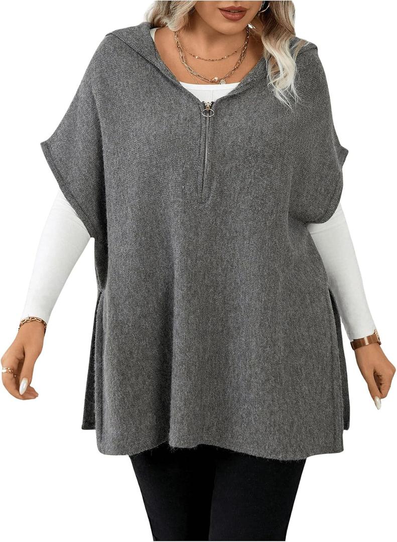 Women's Plus Size Half Zip Hooded Sweater Vest Cap Sleeve Split Hem Pullover Knitwear, Dark Grey, X-Large Plus