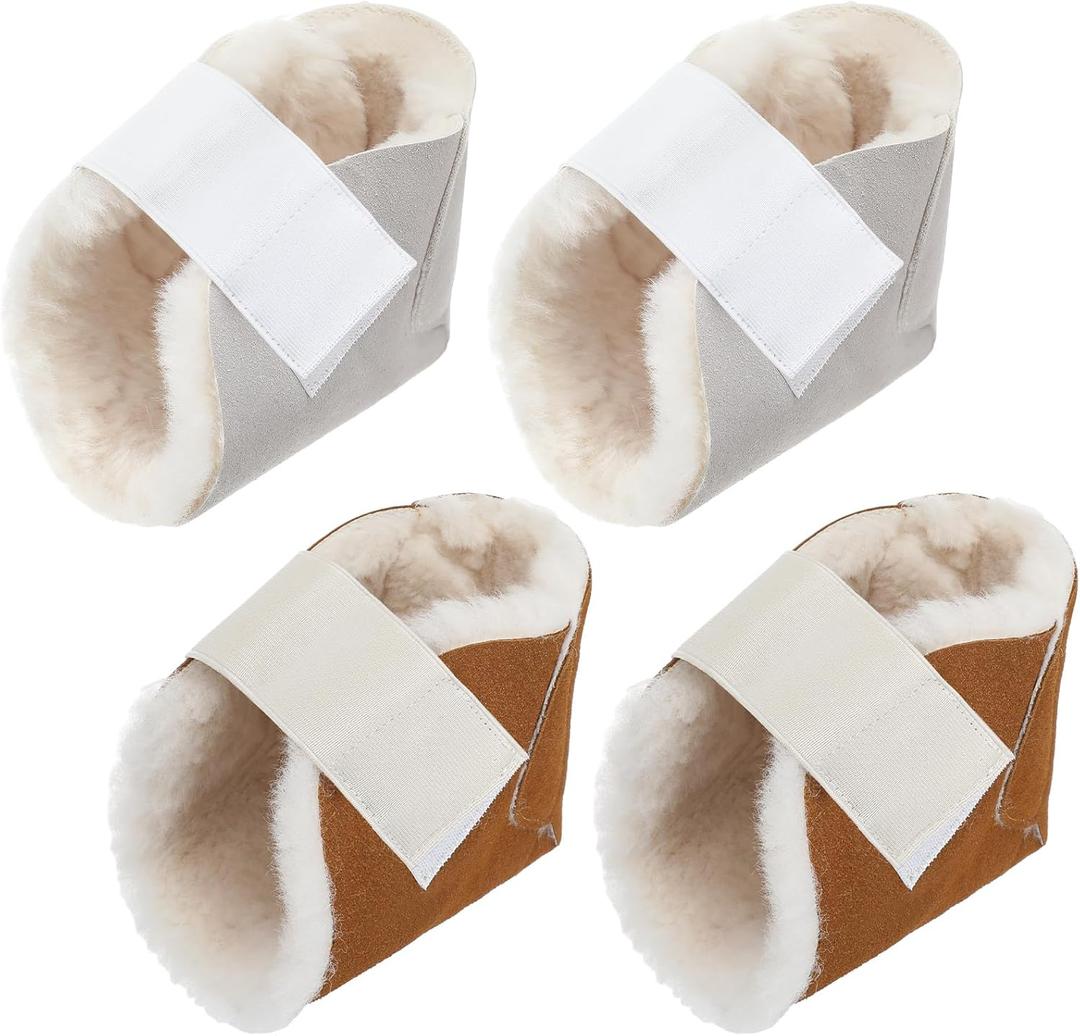 4 Pcs Heel Protector Boot Sheepskin Heel Protectors Soft Foot Cushions Pads with Securing Strap for Protect Feet Ankle Pressure Bed Sores (Beige, Brown)