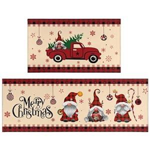 Christmas Kitchen Rug Set of 2, Cute Gnome Truck Christmas Mat, Non-Slip Washable Kitchen Mat, Winter Christmas Kitchen Decor, Red 17x30+17x47 Inch